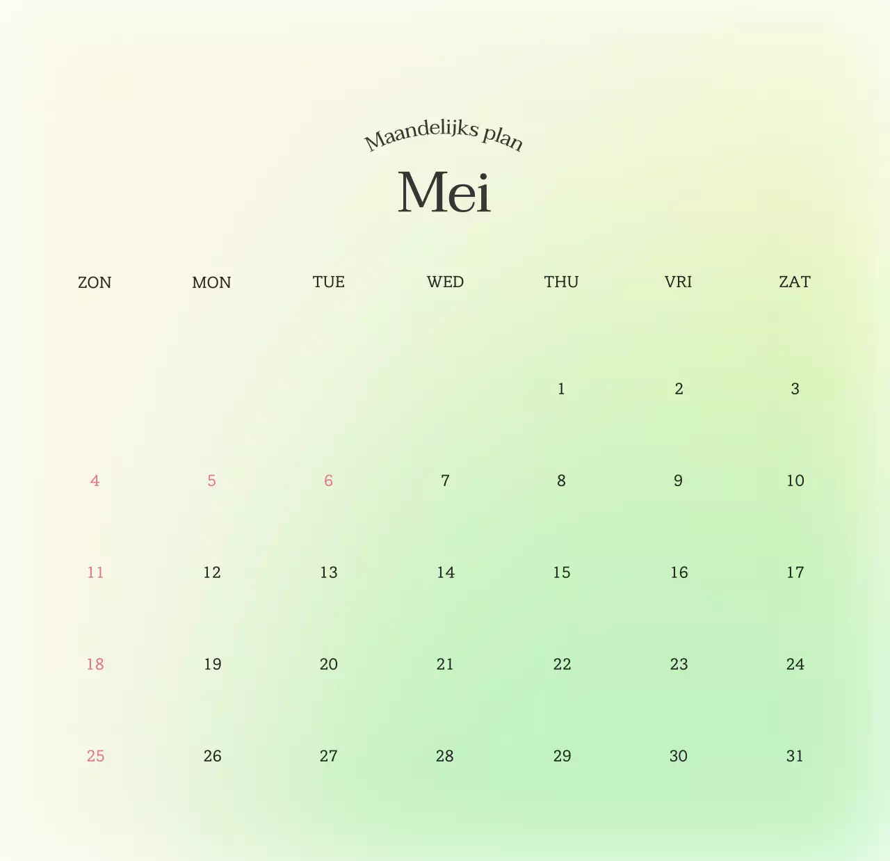 Minimalistische kalender met kleurverloop
