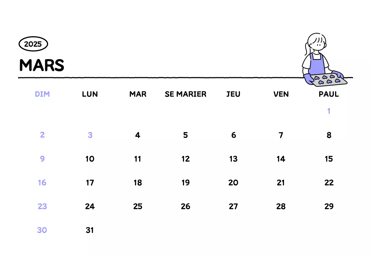Calendrier illustré avec un joli style de lignes