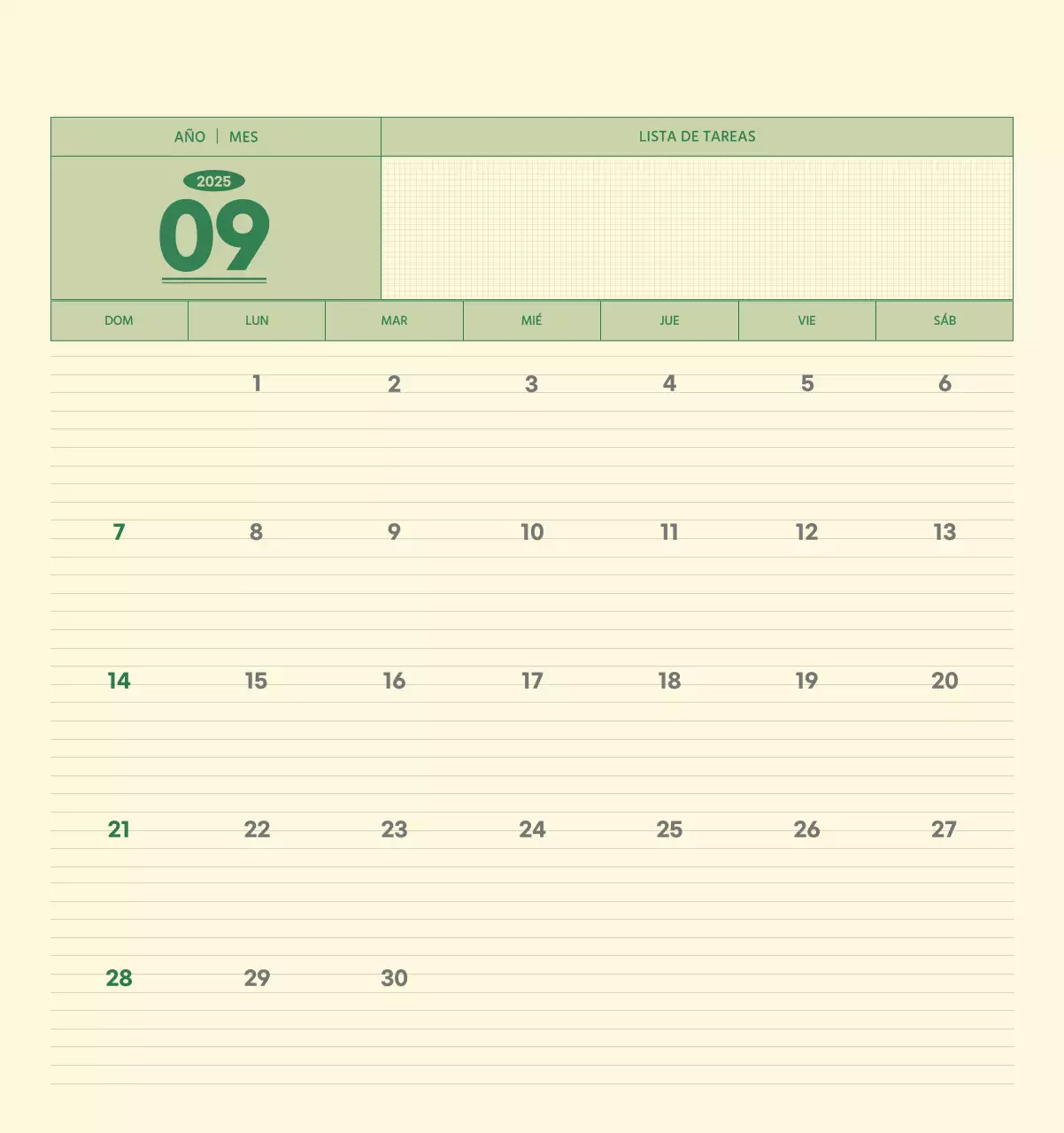 SAT Calendario de pared con concepto de bloc de notas del Día D en verde y amarillo claro