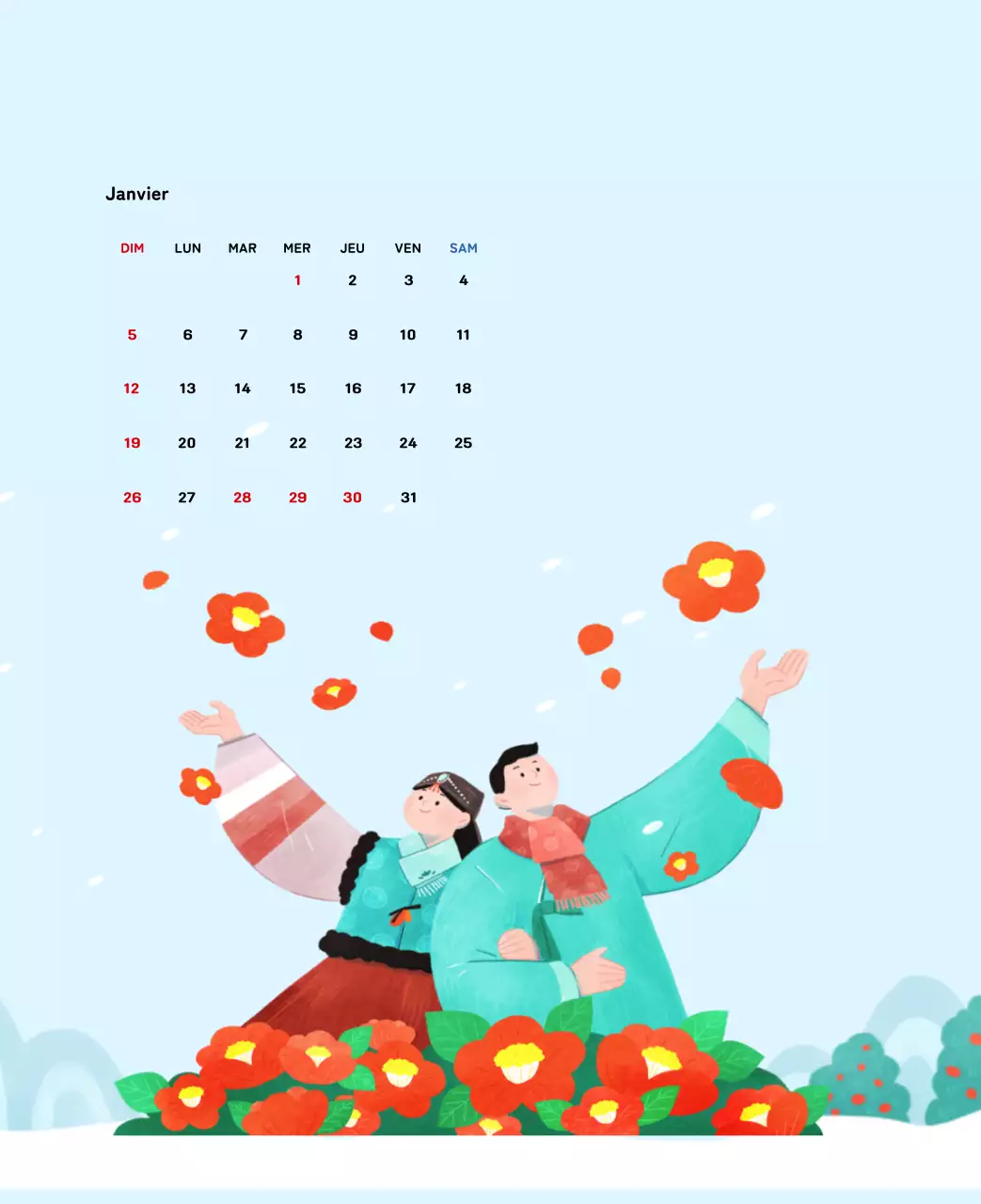 Calendrier du Nouvel An avec illustrations chaleureuses
