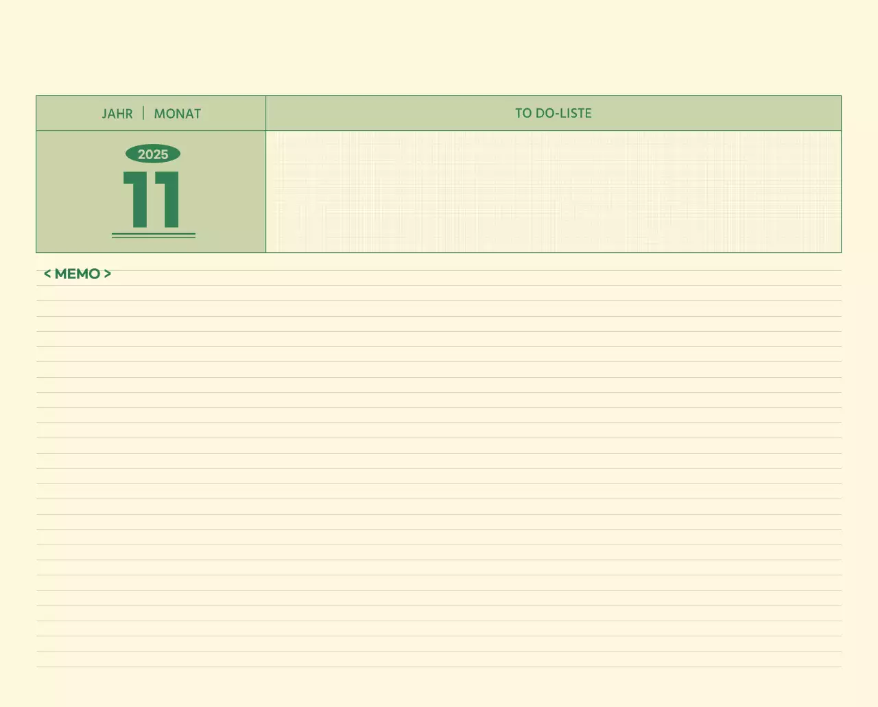 SAT D-Day Notizblock Konzept Wandkalender in grün und hellgelb