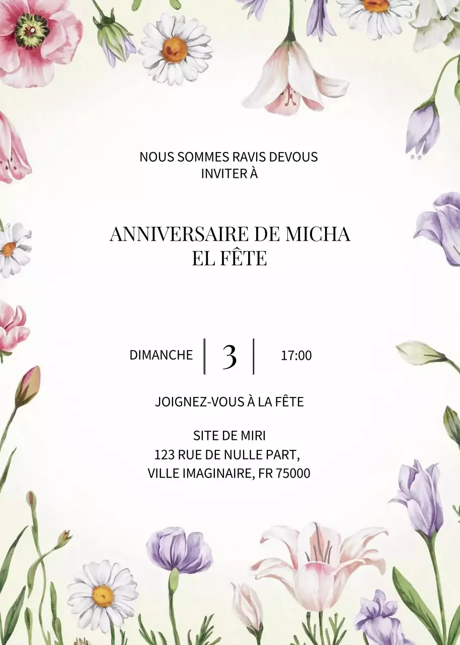 Invitation d'anniversaire à fleurs blanches