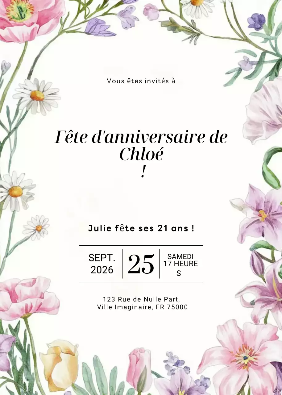invitation d'anniversaire à fleurs blanches