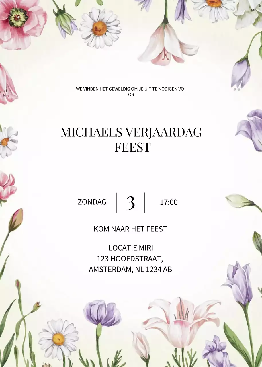 Witte gebloemde verjaardagsuitnodiging