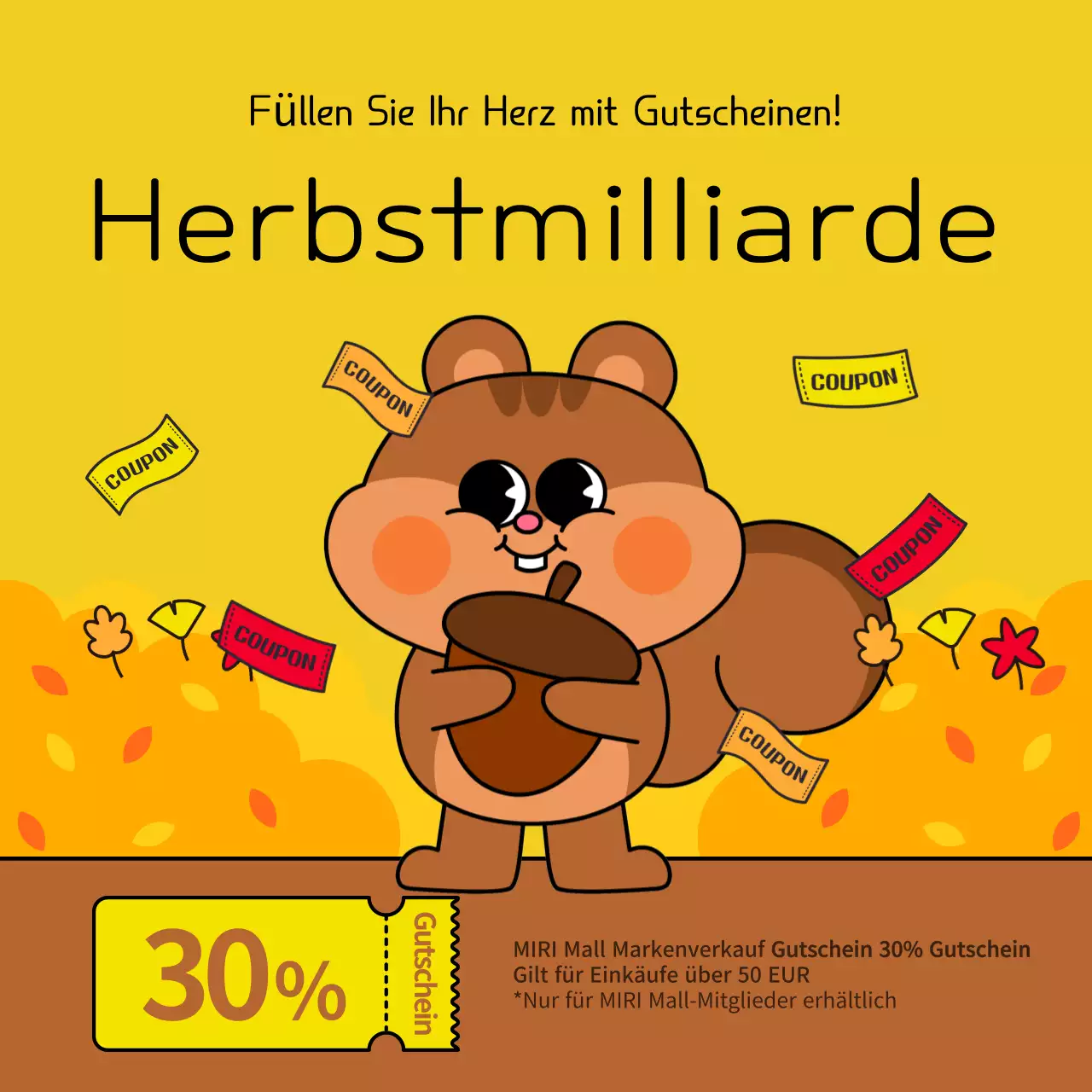 Eine poppig-künstlerische herbstliche Coupon-Anzeige in Gelb und Braun