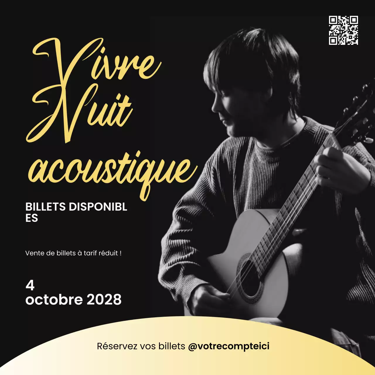 Post Instagram d'un événement de musique acoustique élégant, noir et or