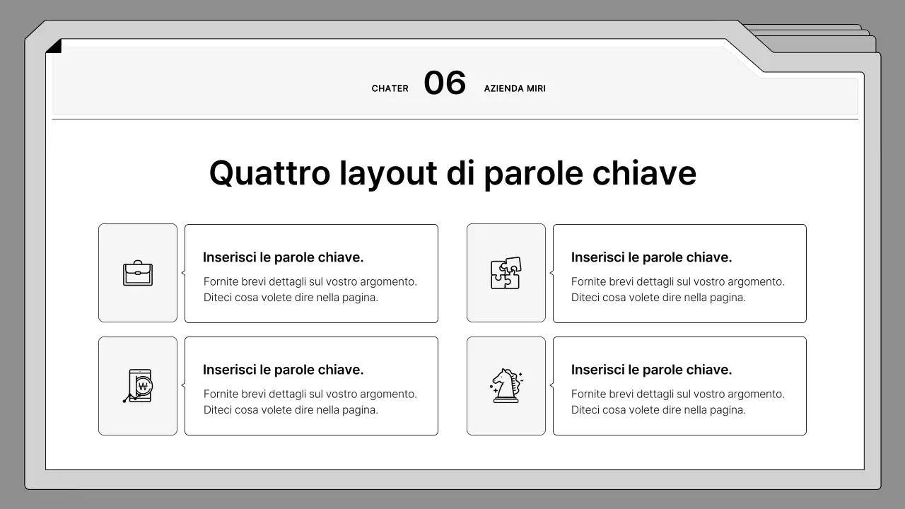 Proposta in bianco e nero, ordinatamente incorniciata in una cornice per fascicoli