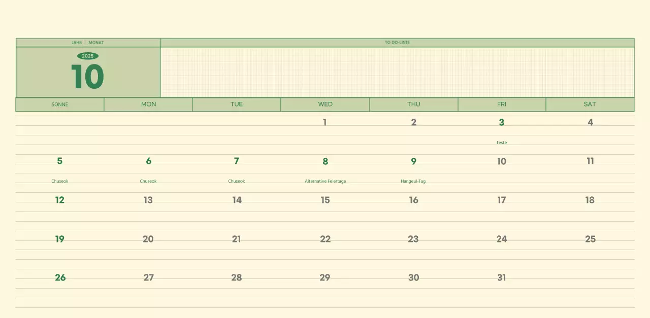 SAT D-Day Notizblock Konzept Wandkalender in grün und hellgelb
