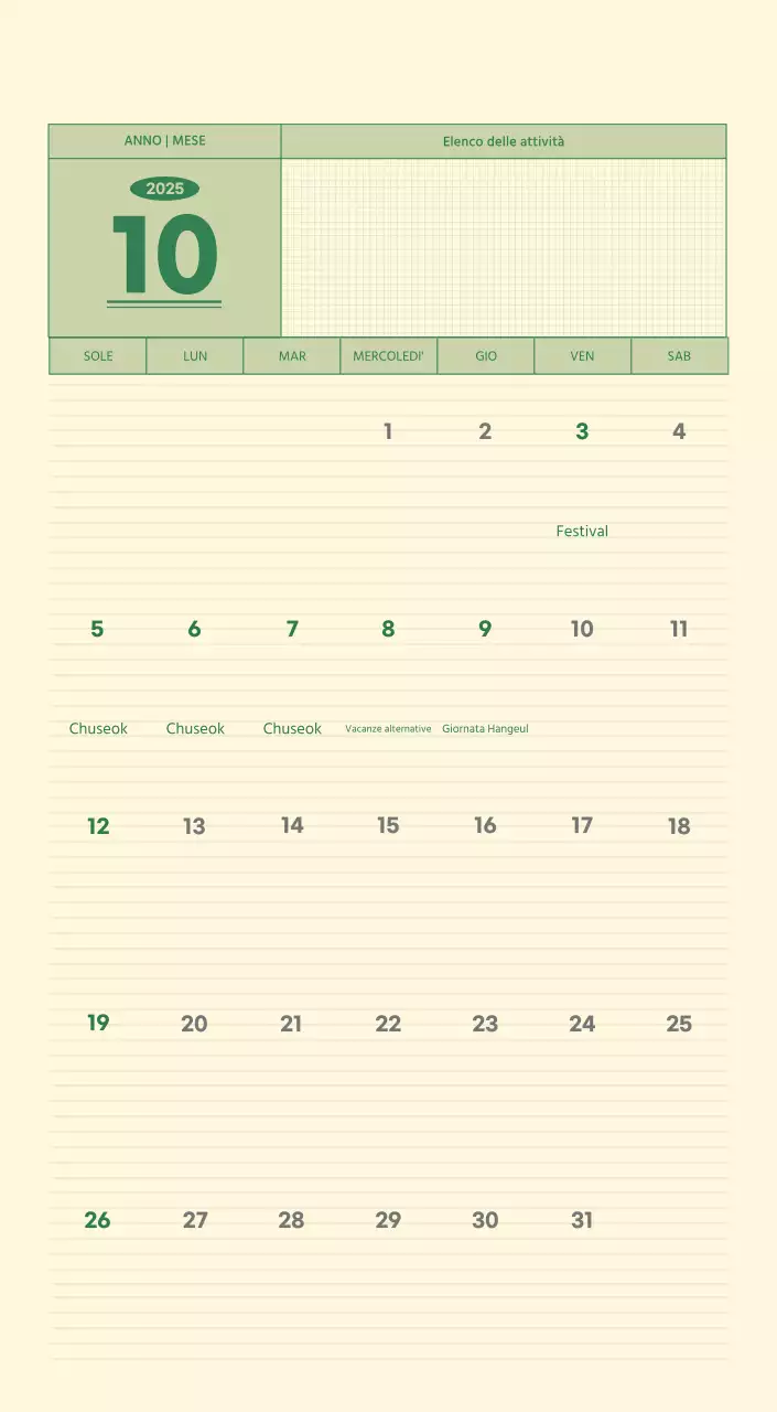 Calendario da parete SAT D-Day concept in verde e giallo chiaro