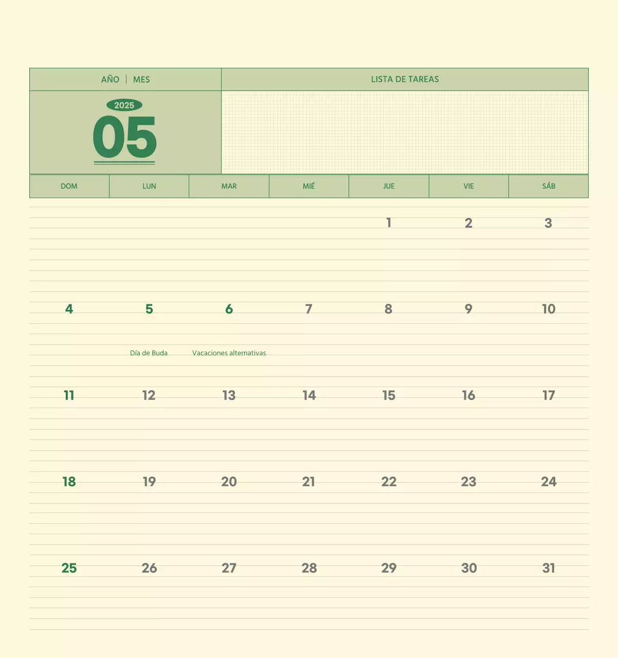 SAT Calendario de pared con concepto de bloc de notas del Día D en verde y amarillo claro