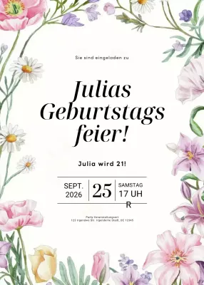 Weiß geblümte Geburtstagseinladung