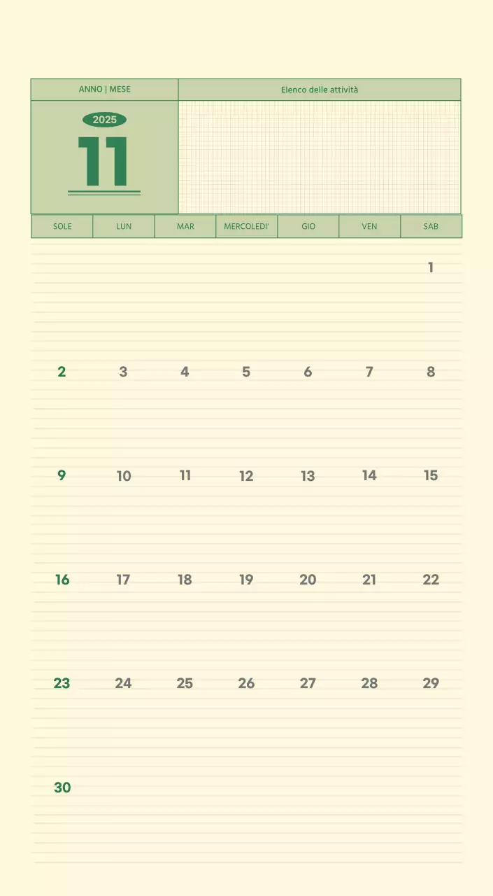 Calendario da parete SAT D-Day concept in verde e giallo chiaro