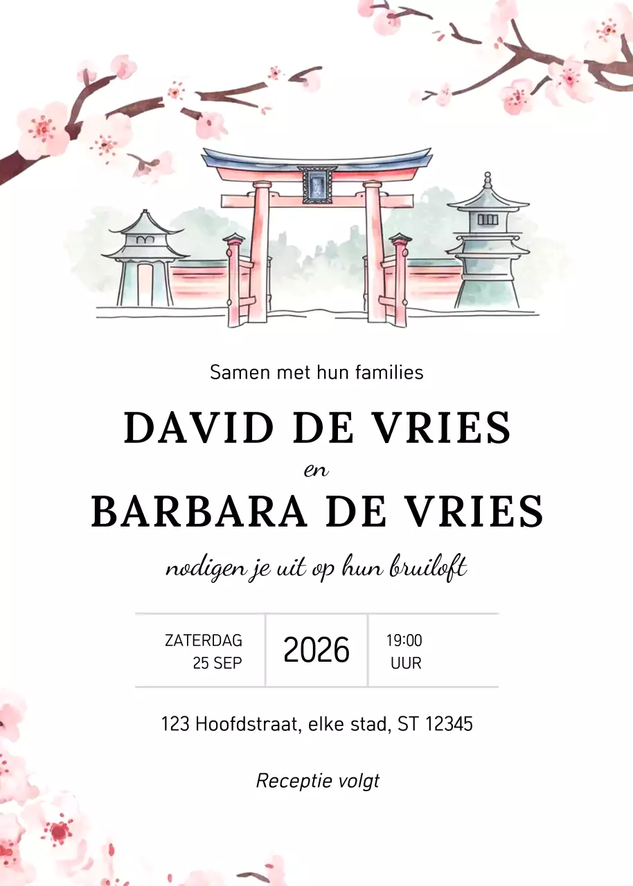 Roze traditionele huwelijksuitnodiging