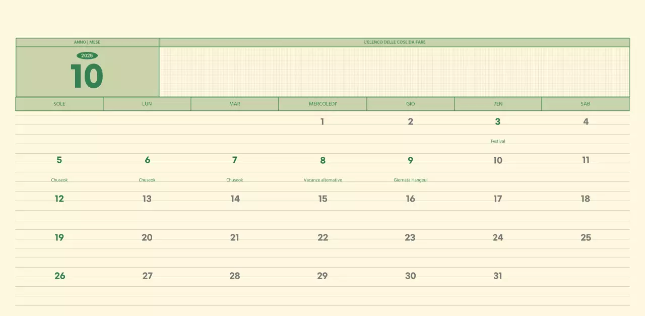 Calendario da parete SAT D-Day concept in verde e giallo chiaro
