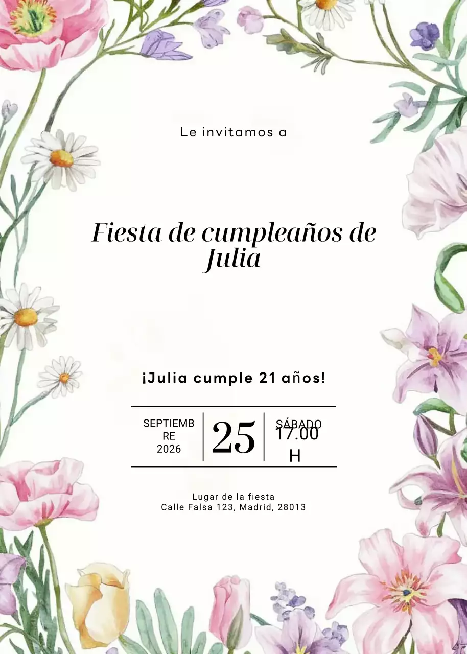 invitación de cumpleaños floral blanca