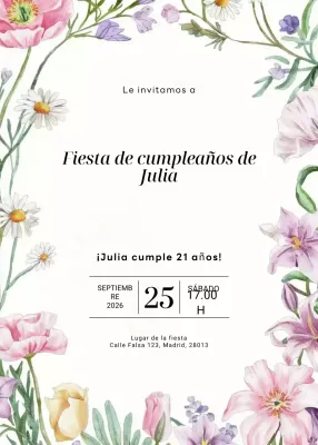 invitación de cumpleaños floral blanca