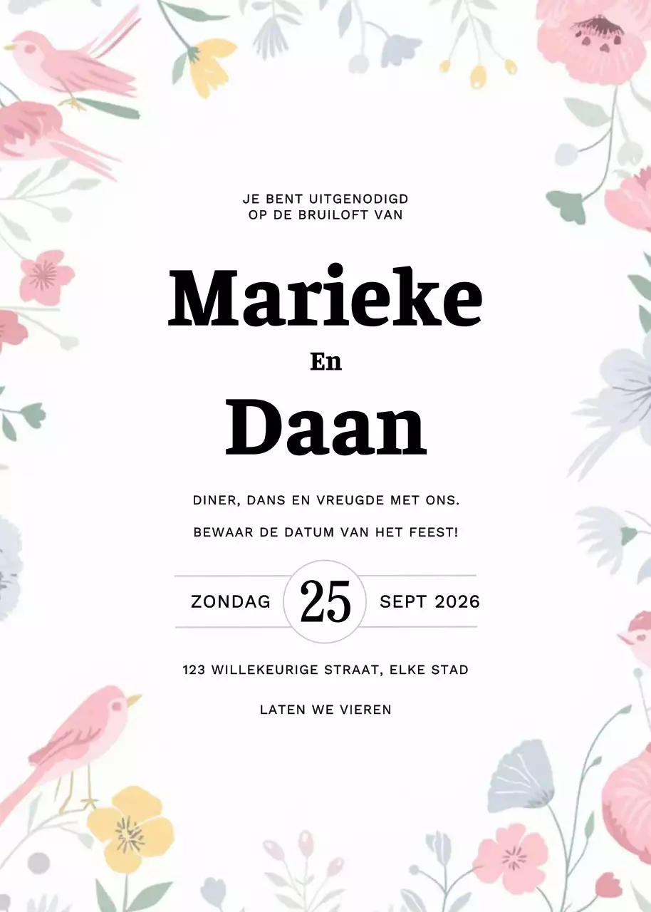 Uitnodiging roze bloemen bruiloft