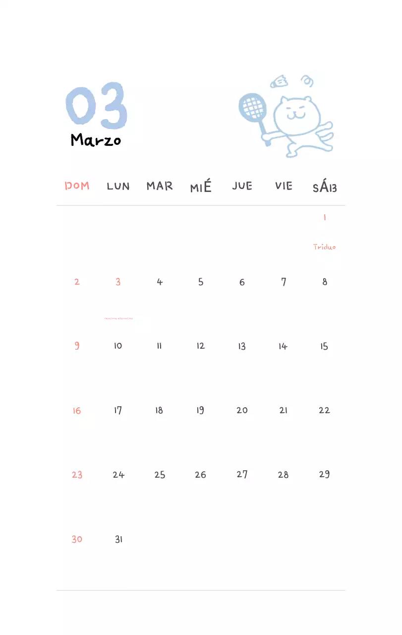 Calendario diario en marfil
