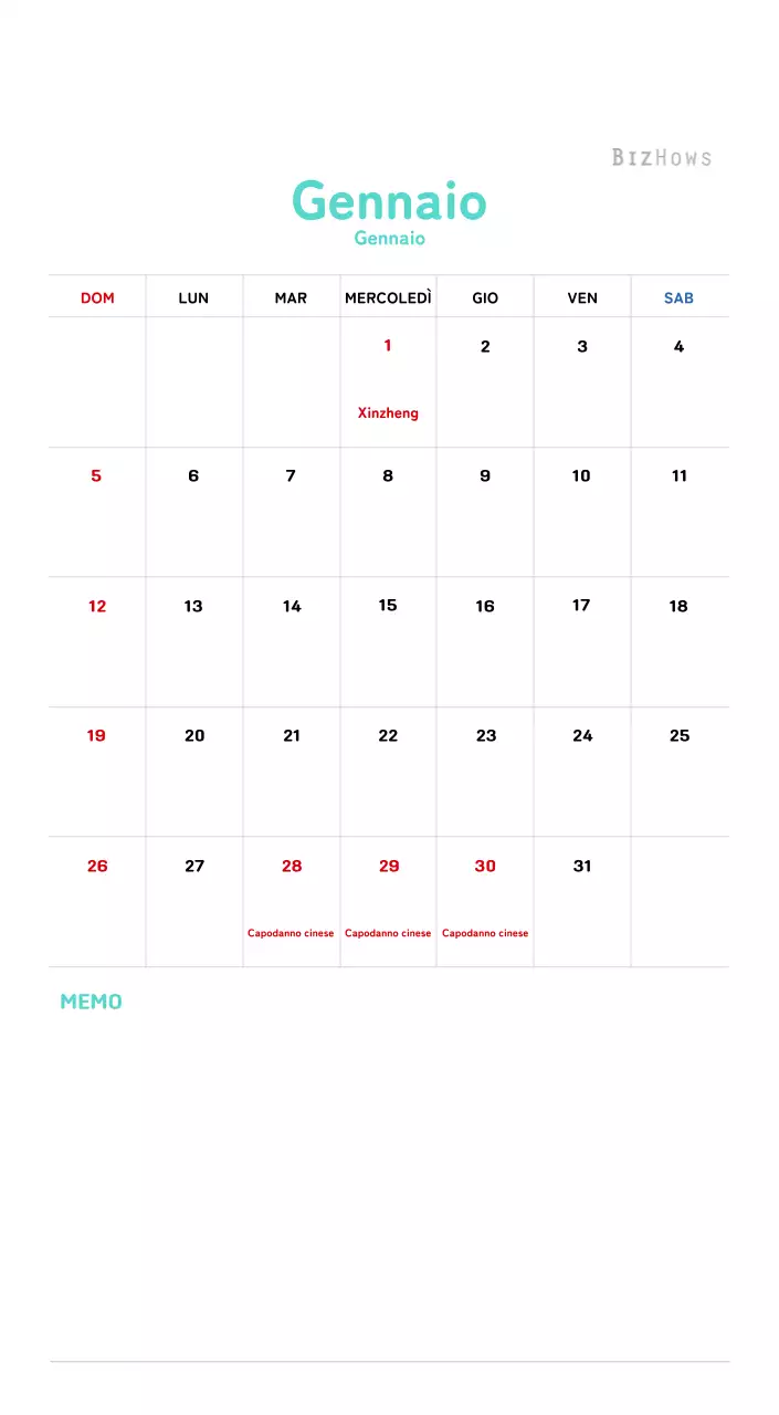 Calendario di Capodanno con una calda illustrazione