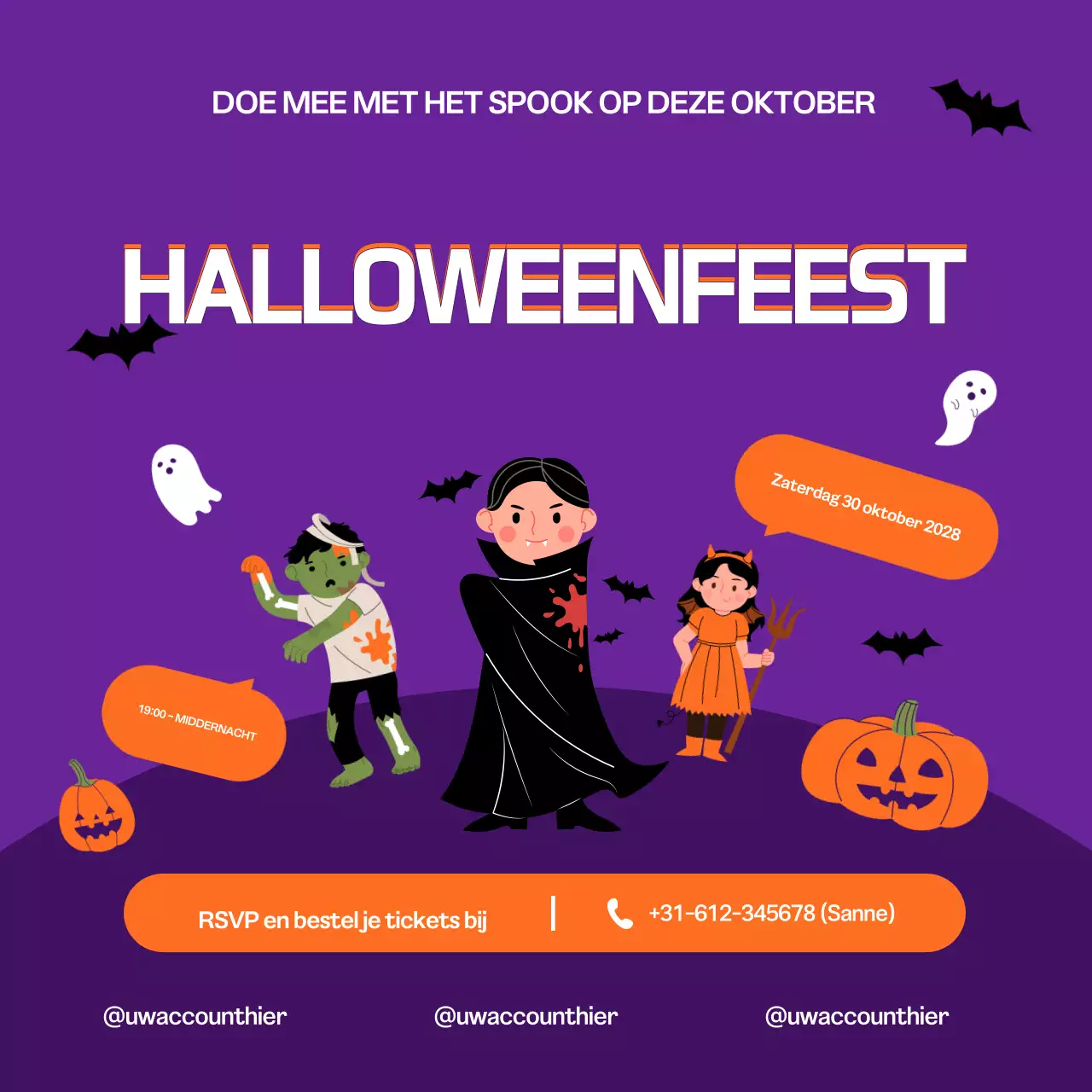 Paars halloween feest uitnodiging social media vierkant