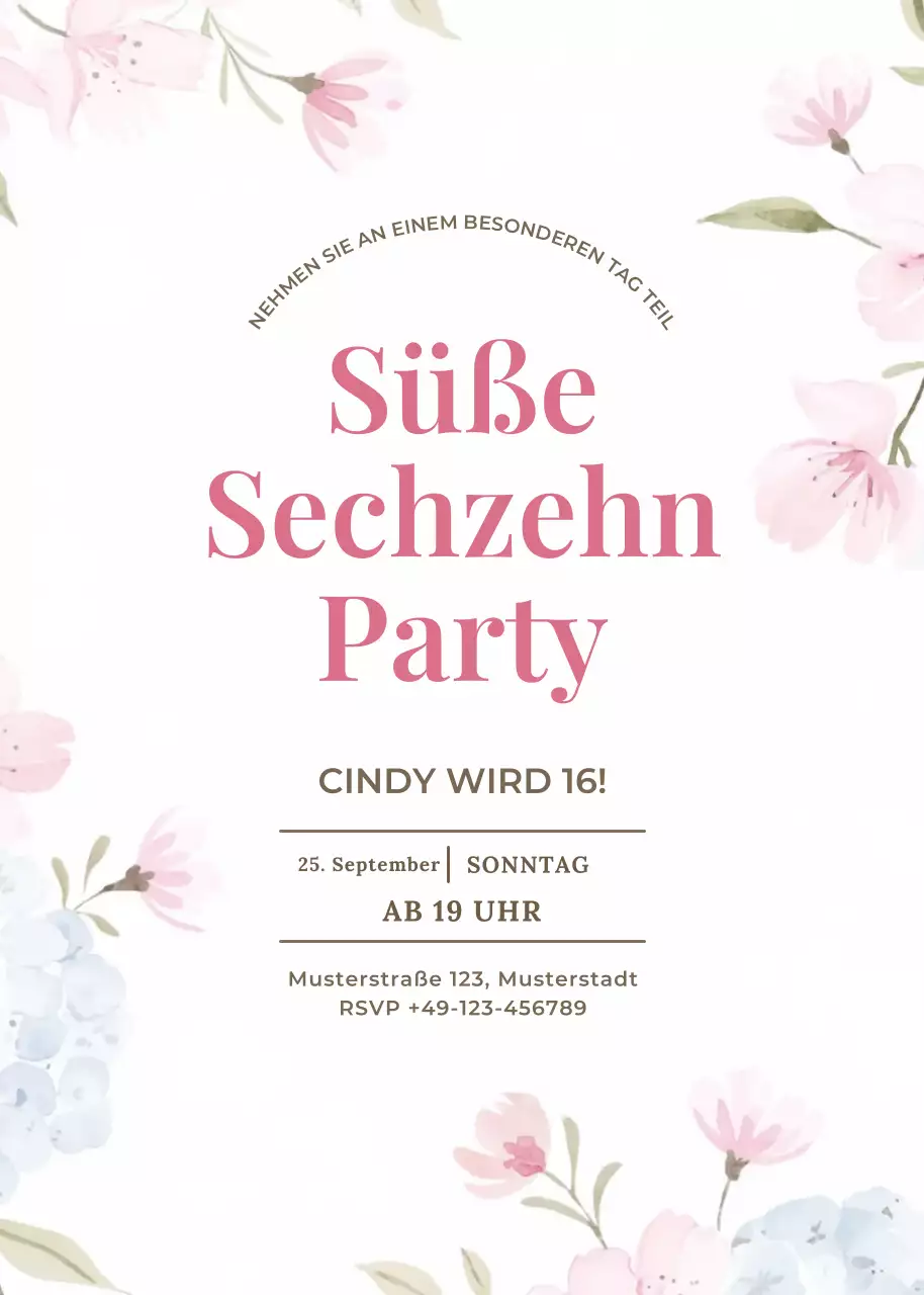 Rosa blau blumige Partyeinladung eleganter Stil