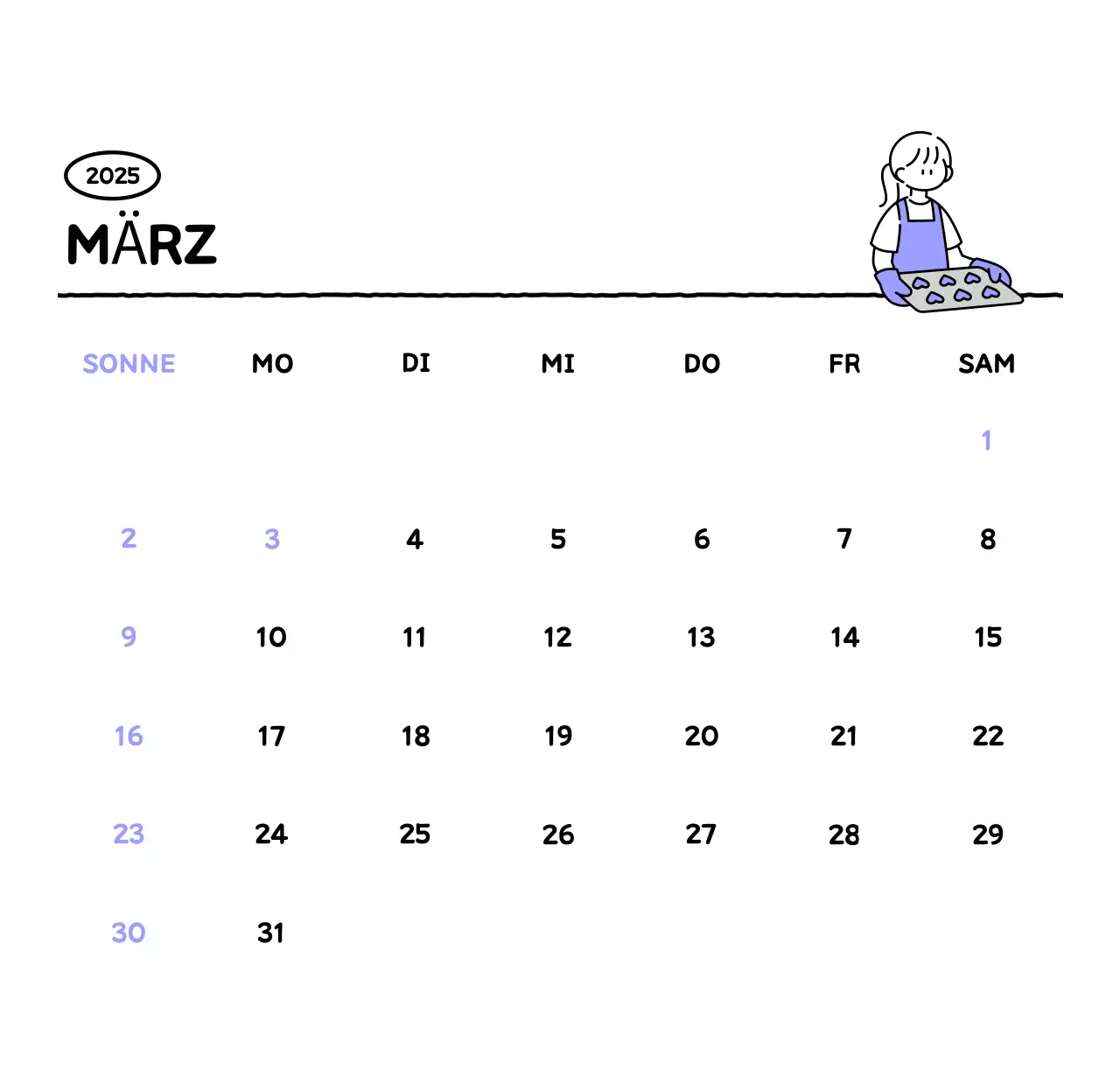 Illustrierter Kalender mit schönem Linienstil