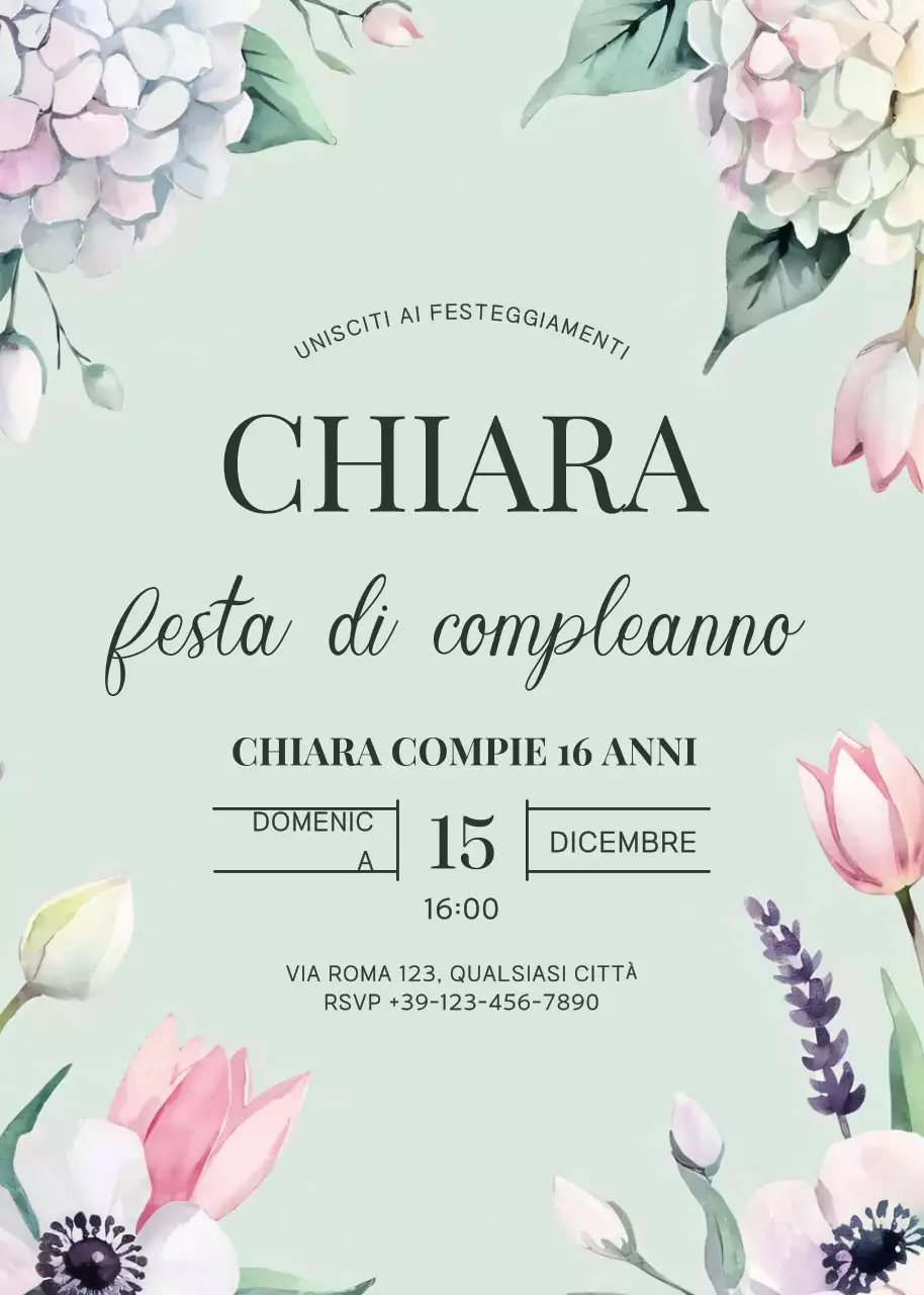 invito di compleanno floreale alla menta