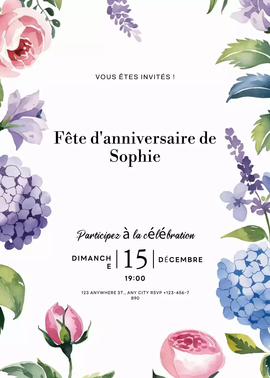 invitation d'anniversaire à fleurs blanches