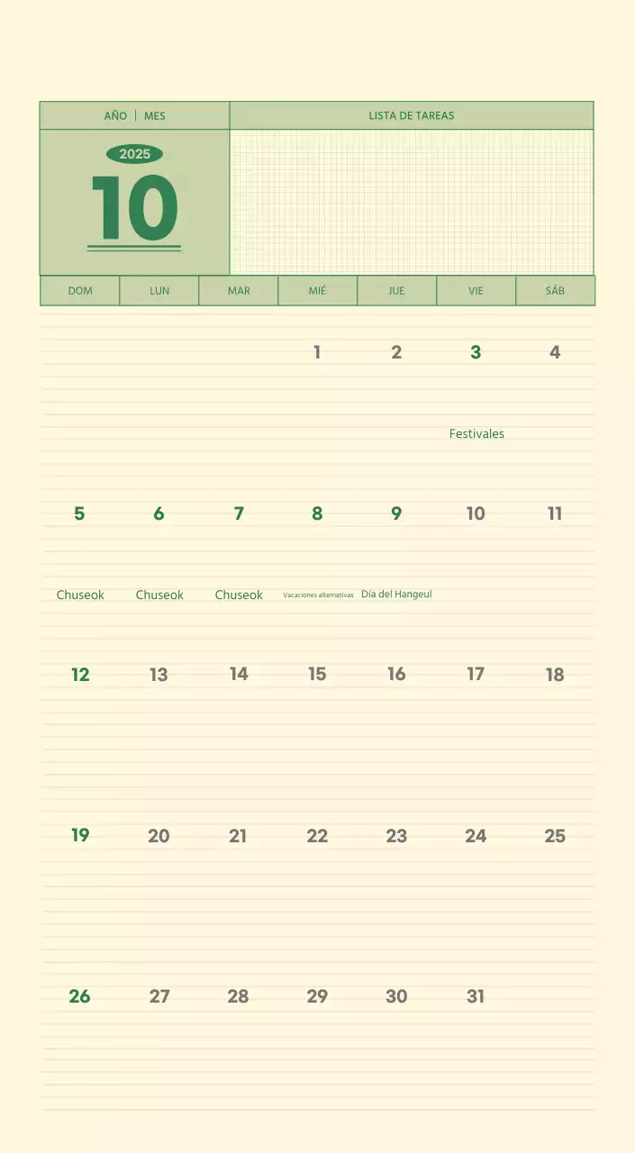 SAT Calendario de pared con concepto de bloc de notas del Día D en verde y amarillo claro
