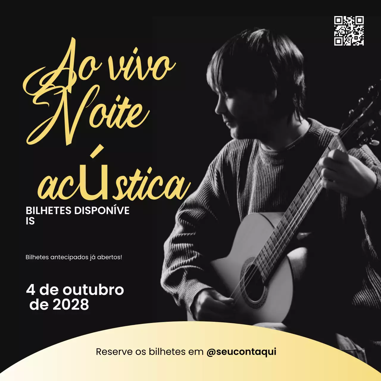 Postagem no Instagram de um evento de música acústica elegante em preto e dourado