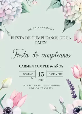 invitación de cumpleaños floral menta