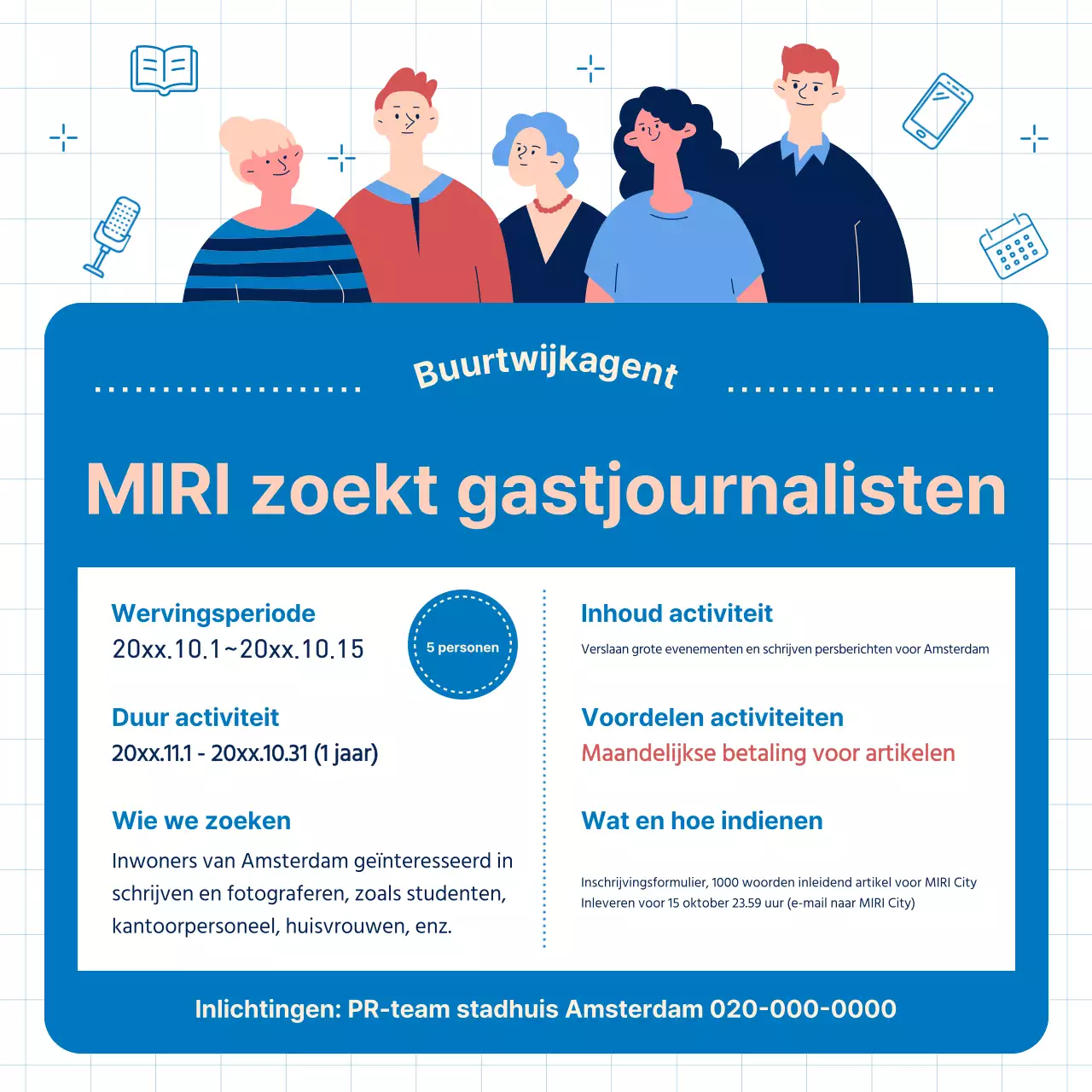 Een eenvoudige blauw-witte wervingsadvertentie voor journalisten