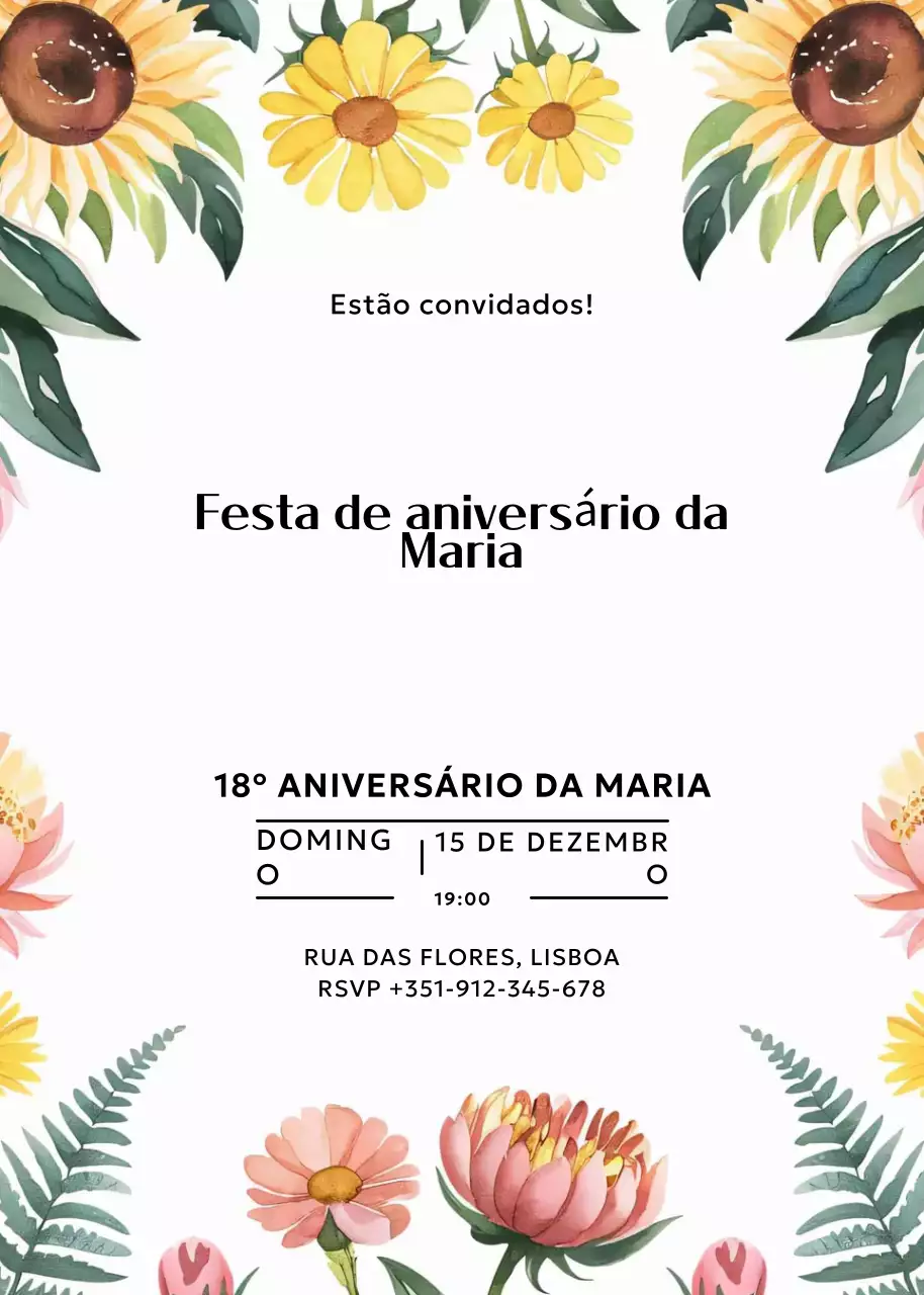 convite de aniversário floral branco