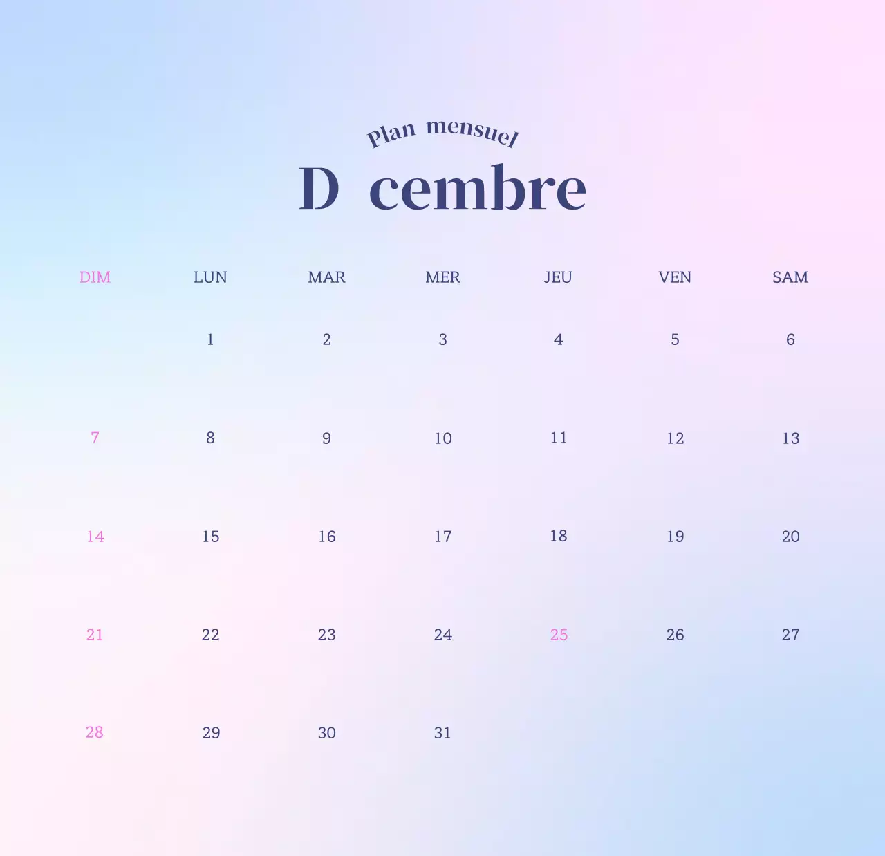 Calendrier minimaliste dégradé