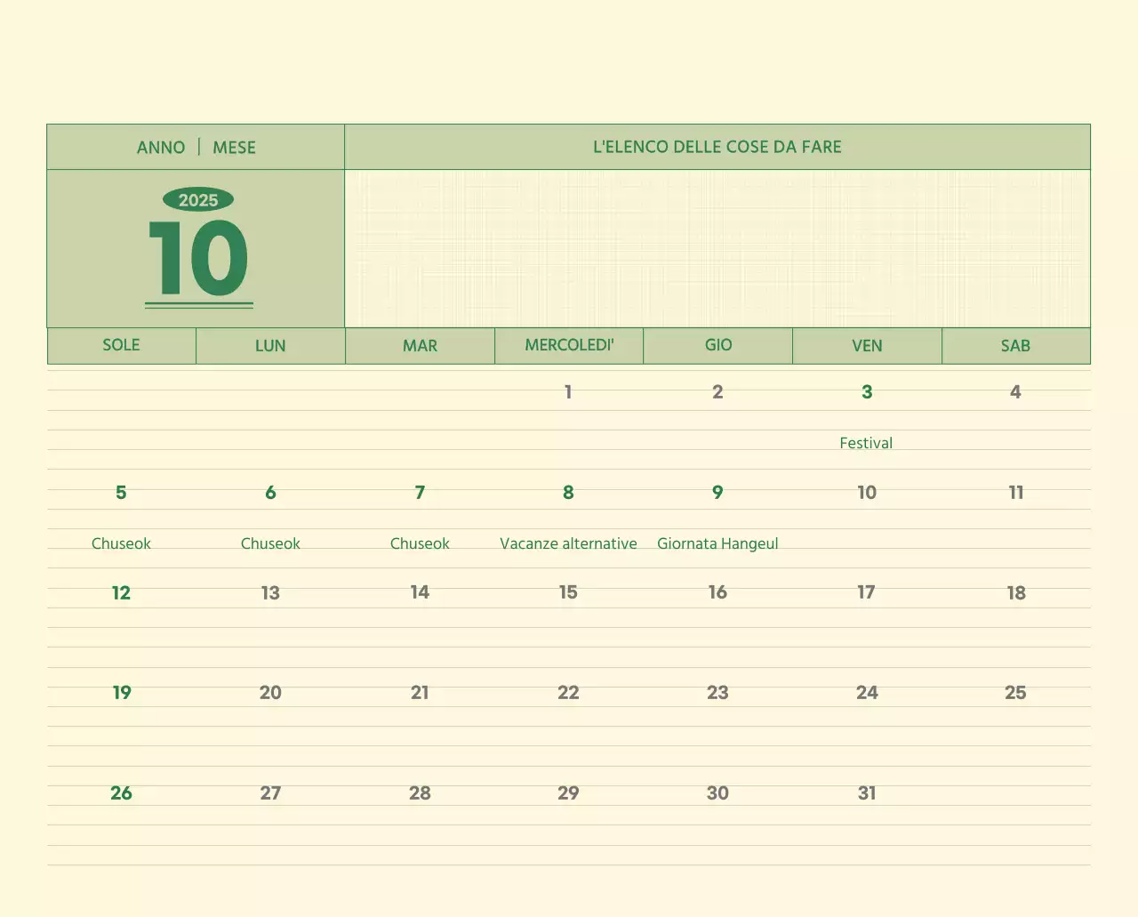 Calendario da parete SAT D-Day concept in verde e giallo chiaro
