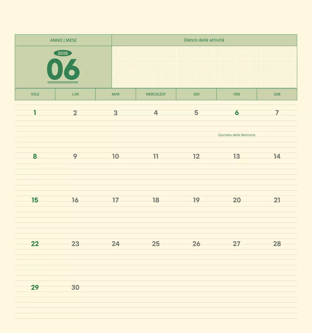 Calendario da parete SAT D-Day concept in verde e giallo chiaro