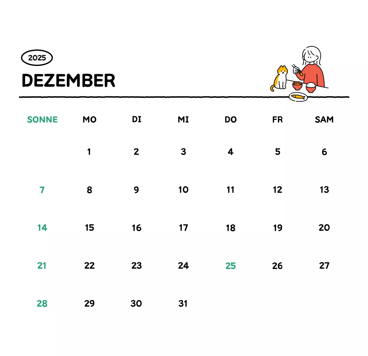 Illustrierter Kalender mit schönem Linienstil