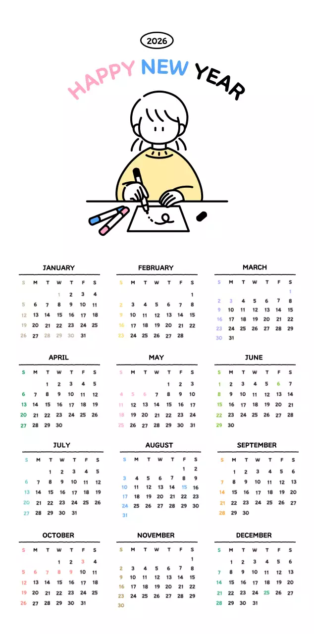 Illustrated calendar with a cute line style