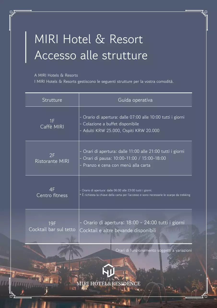 Una guida pulita, viola e bianca ai servizi dell'hotel