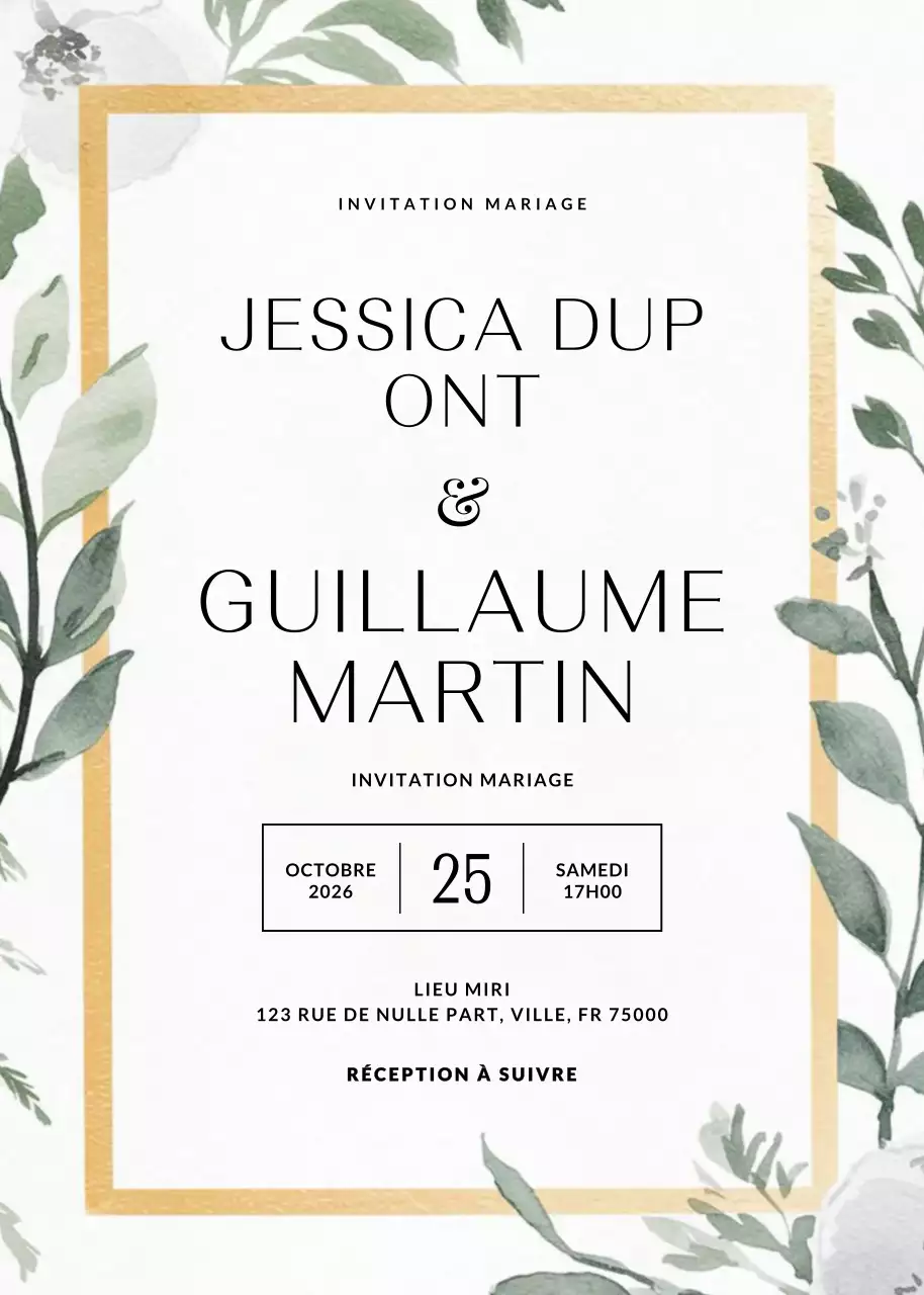 invitation de mariage élégante et dorée