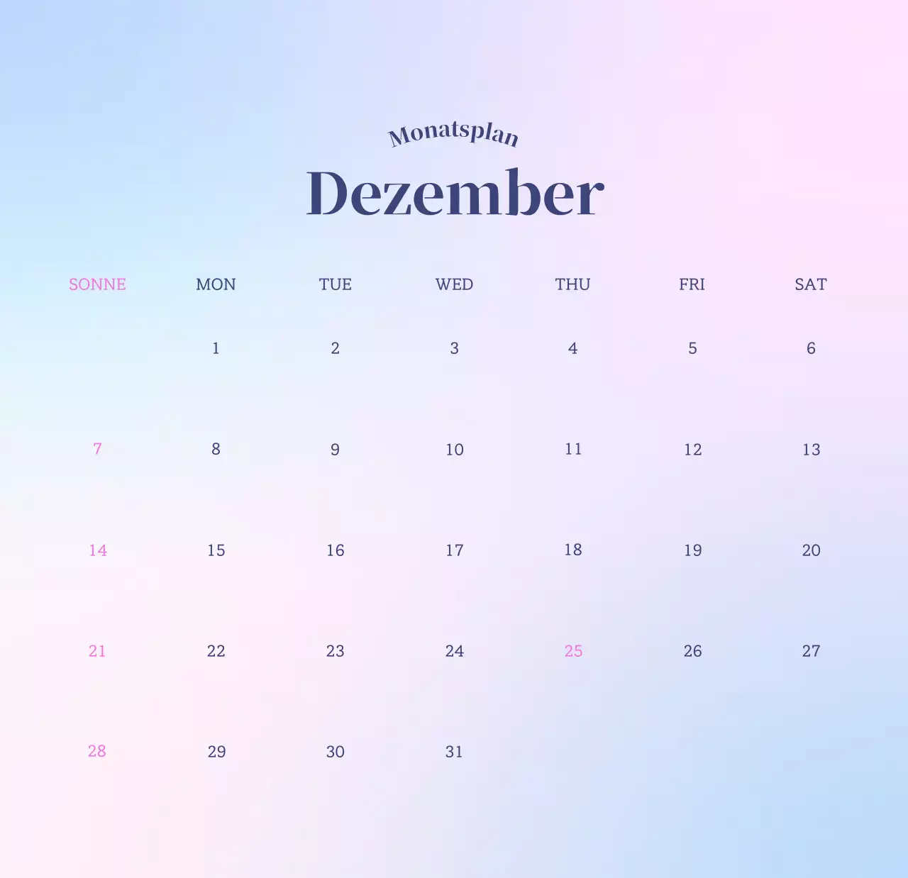 Minimalistischer Kalender mit Farbverlauf