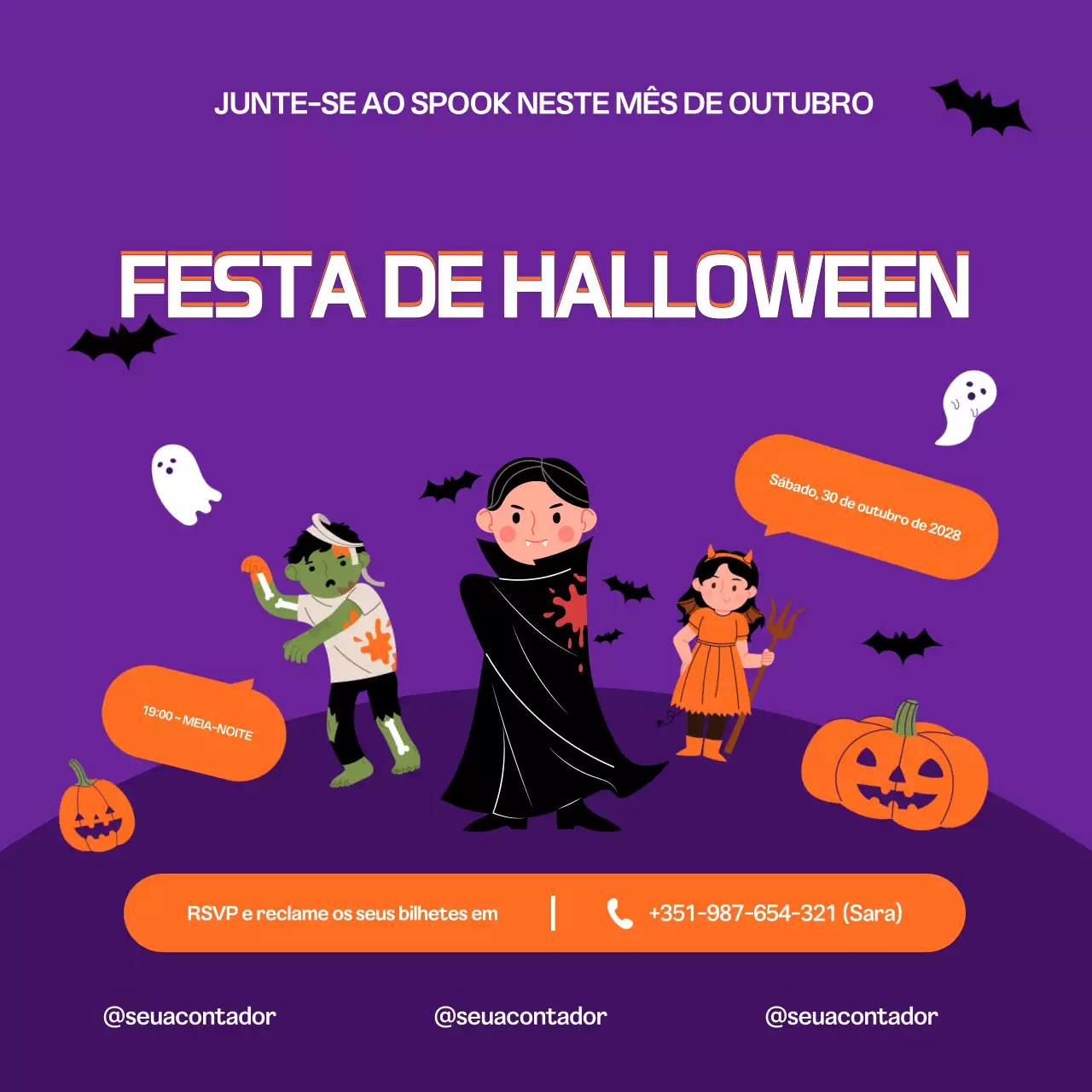 convite para festa de halloween roxo quadrado para redes sociais