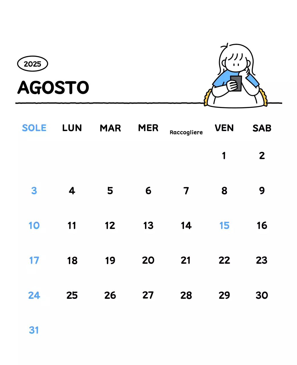 Calendario illustrato con un grazioso stile di linee