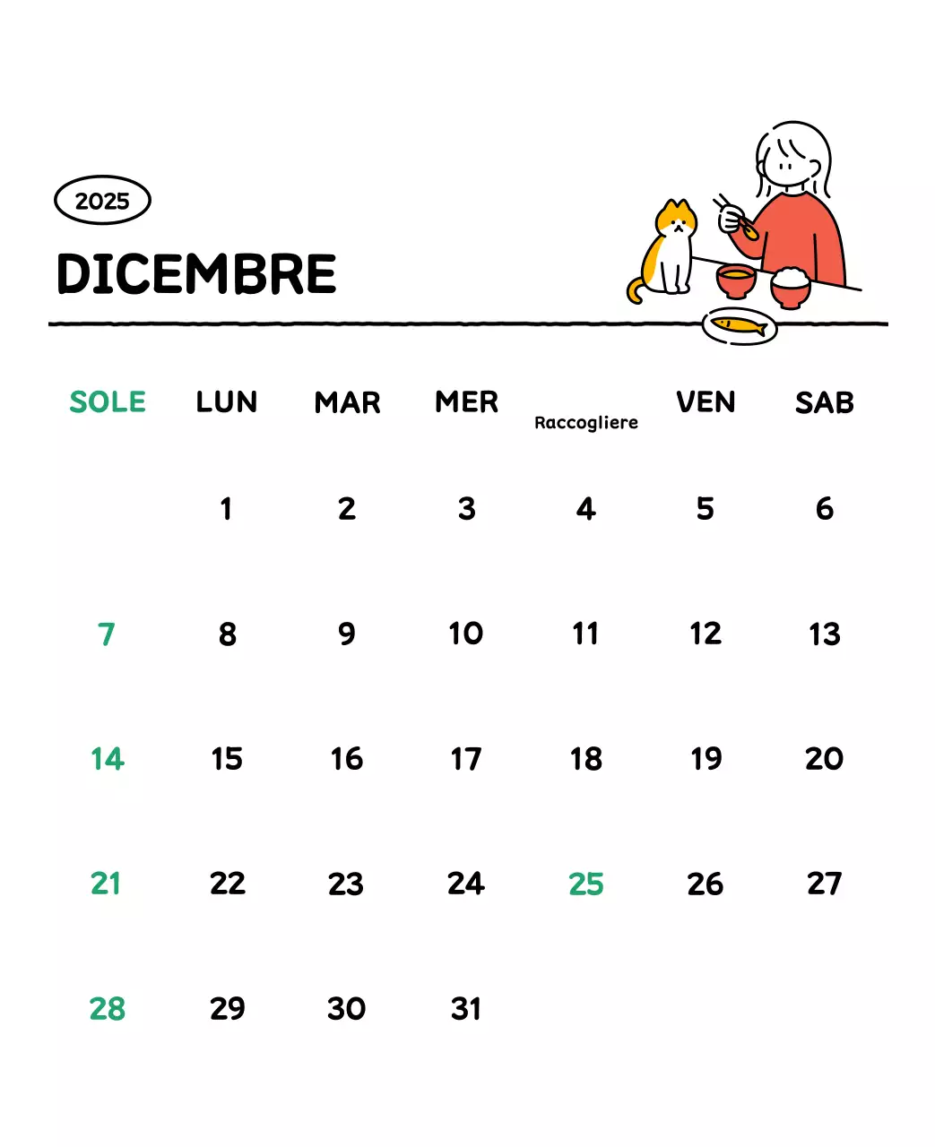 Calendario illustrato con un grazioso stile di linee