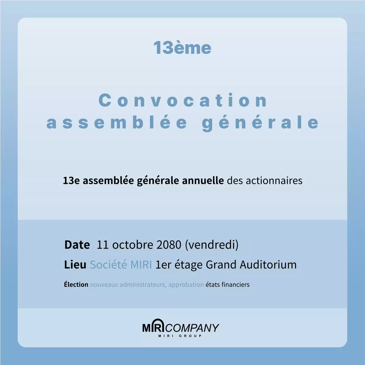 Annonce de l'assemblée générale des actionnaires en bleu clair