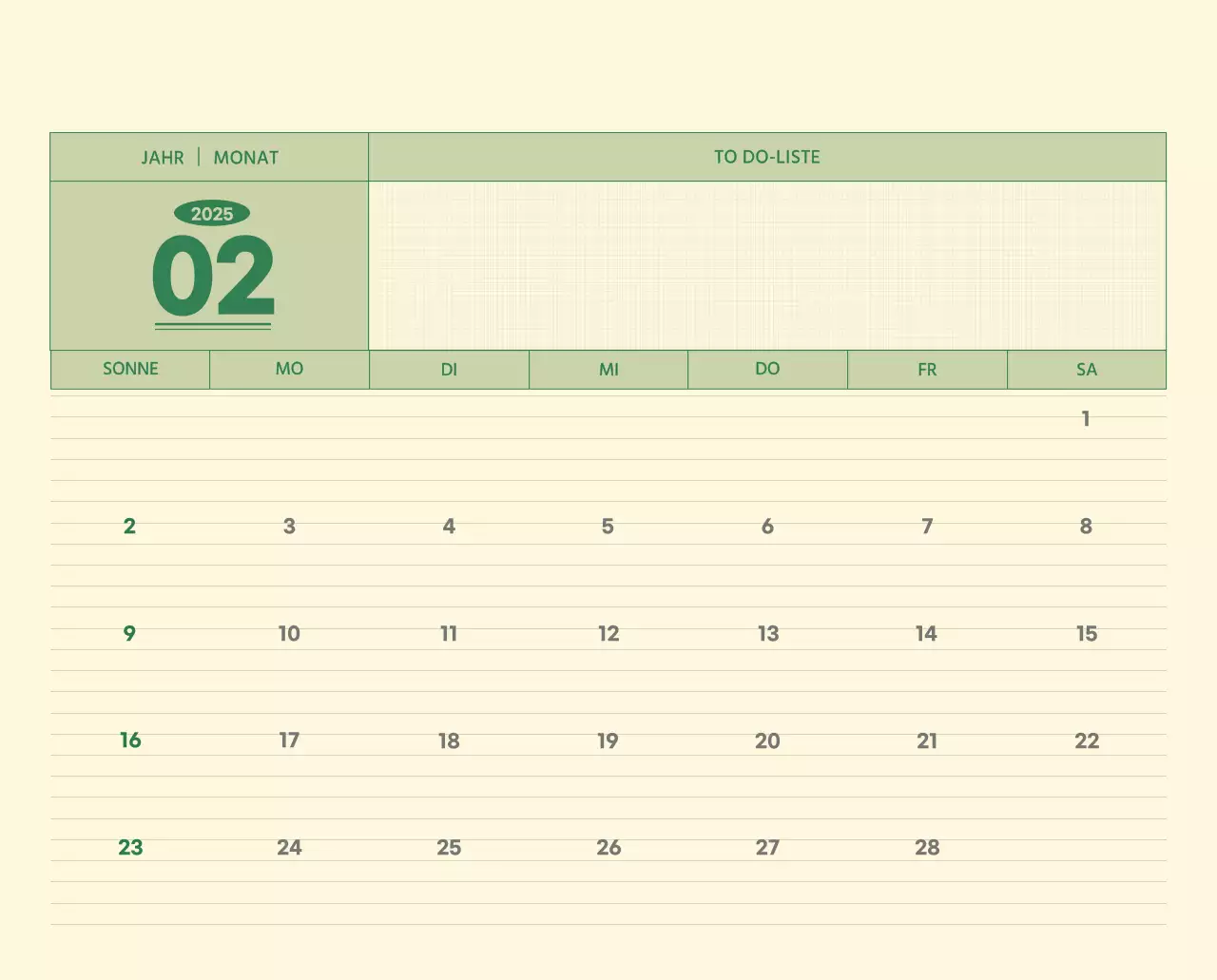 SAT D-Day Notizblock Konzept Wandkalender in grün und hellgelb