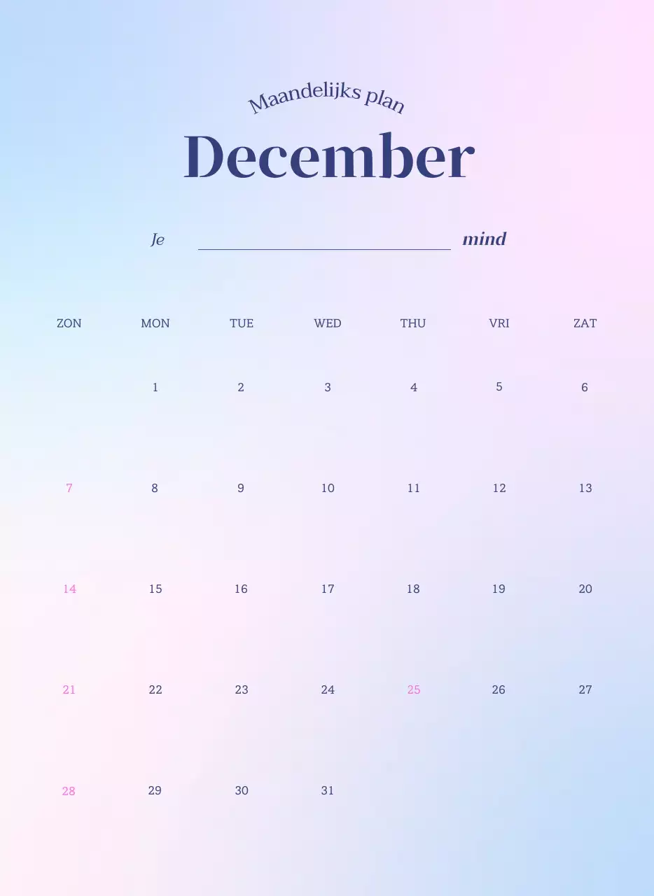 Minimalistische kalender met kleurverloop