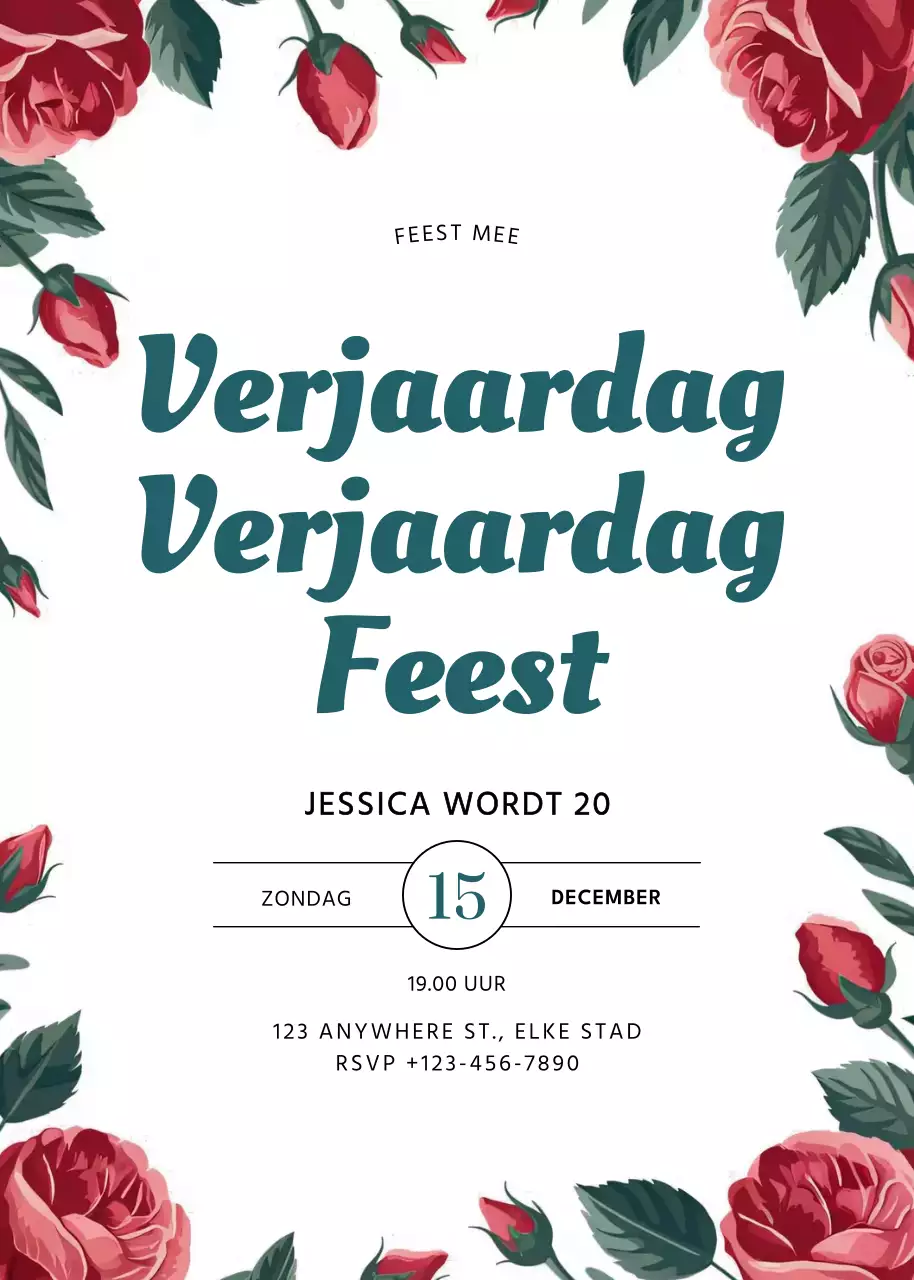 uitnodiging verjaardag met rode bloemen