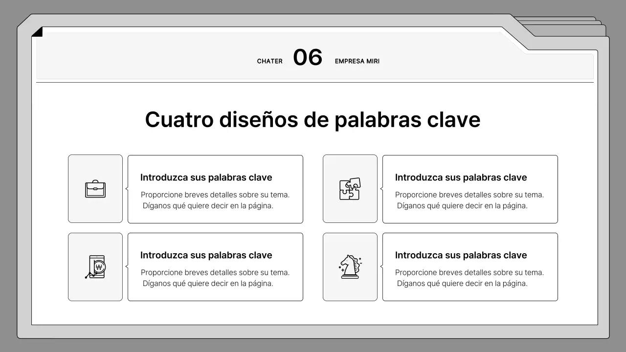 Propuesta en blanco y negro, cuidadosamente enmarcada en un archivador
