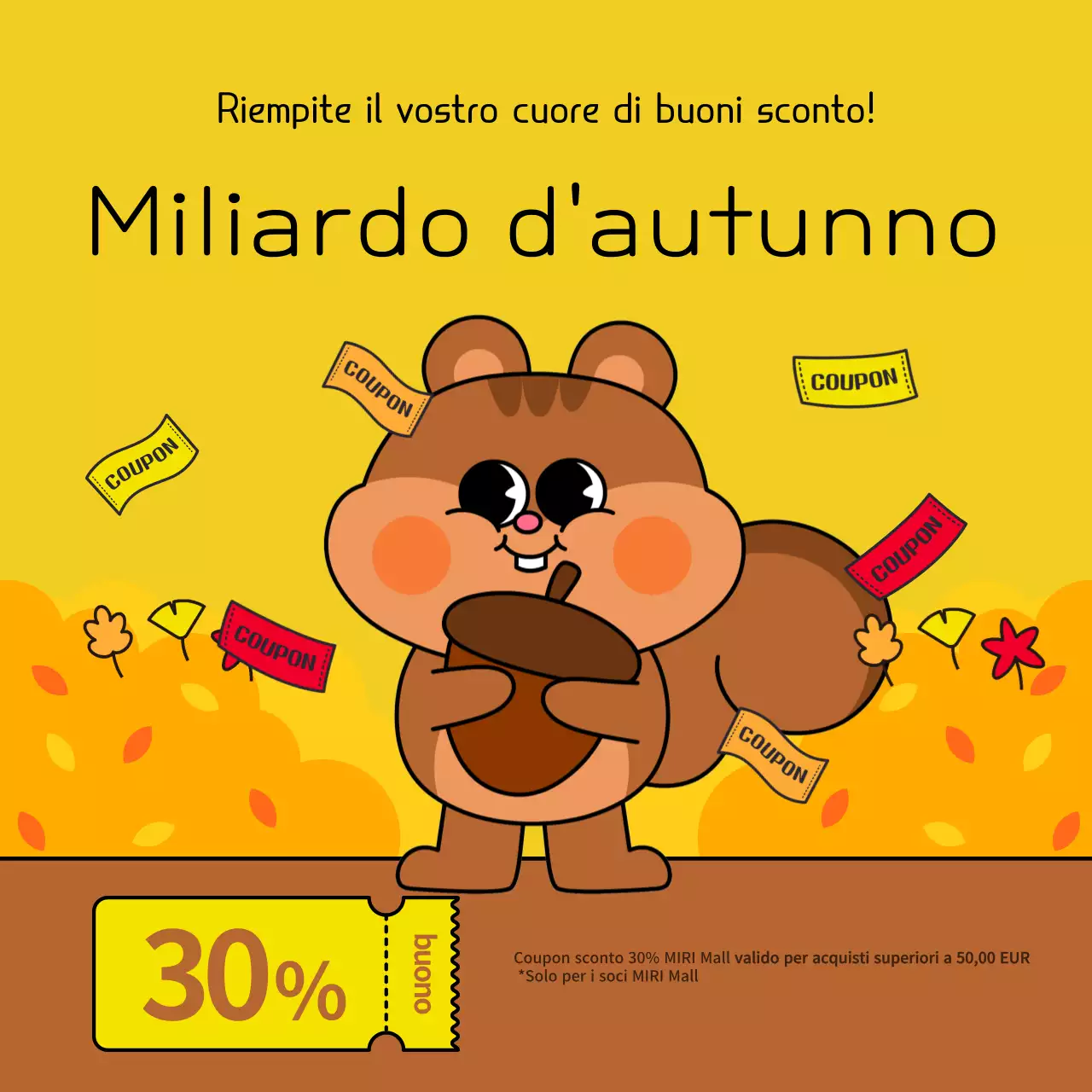 Un annuncio autunnale pop-artistico di offerte di coupon in giallo e marrone